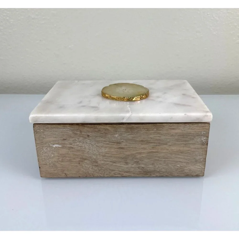 Portofino Home Marble Top Wooden Trinket Jewelry Box Made in India Decor White
